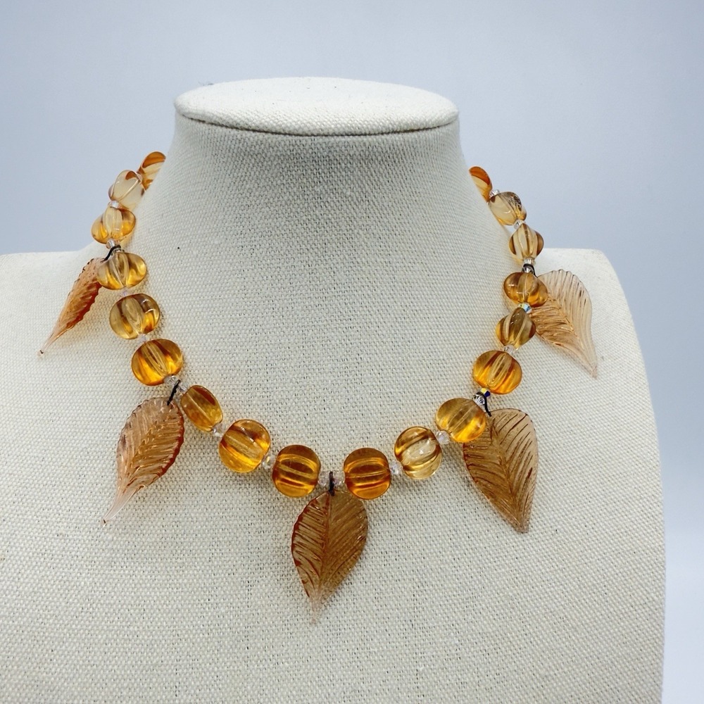 Vtg Art Glass Necklace Amber Citrine‎  Molded Leaves Charm Mellon Beads Read